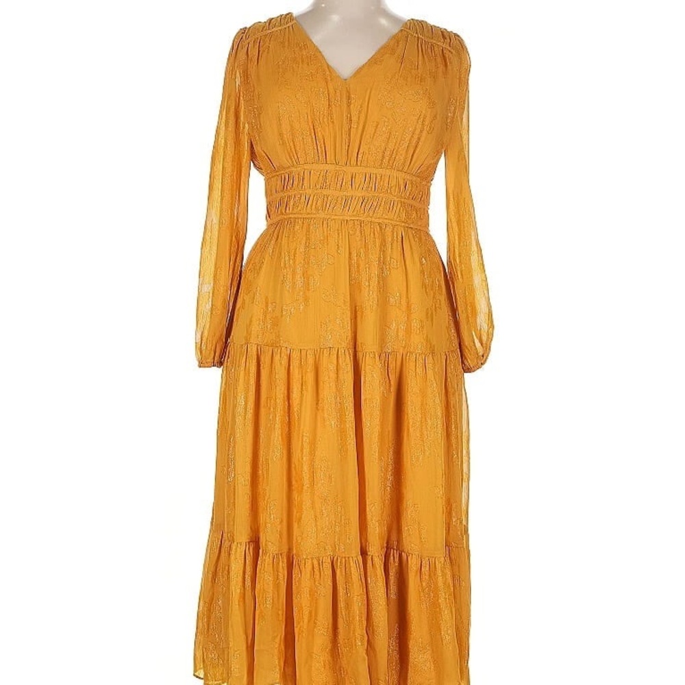 Nicole Miller Yellow Long Sleeve Dress with Metallic Gold Accents